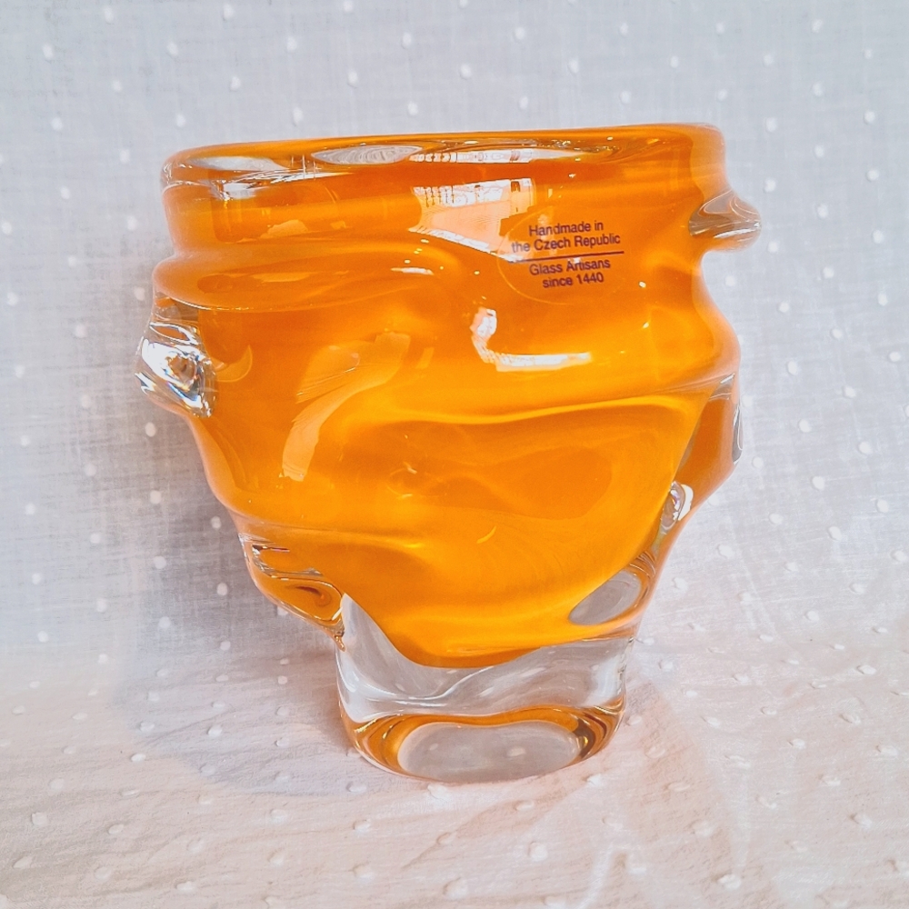 Czech Republic boho ruffle clear and orange glass vase